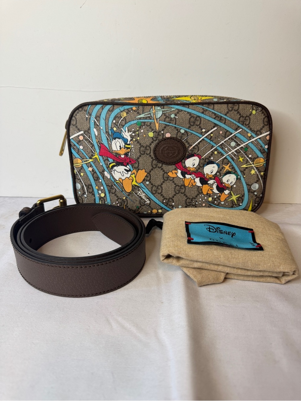 Gucci Brown Donald Duck Print Belt Bag with Blue Accents